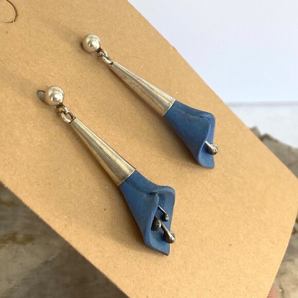 Sterling Silver 925 1.5" Blue Resin 3D Calla Lily Floral Flower Dangle Earrings - Picture 13 of 16